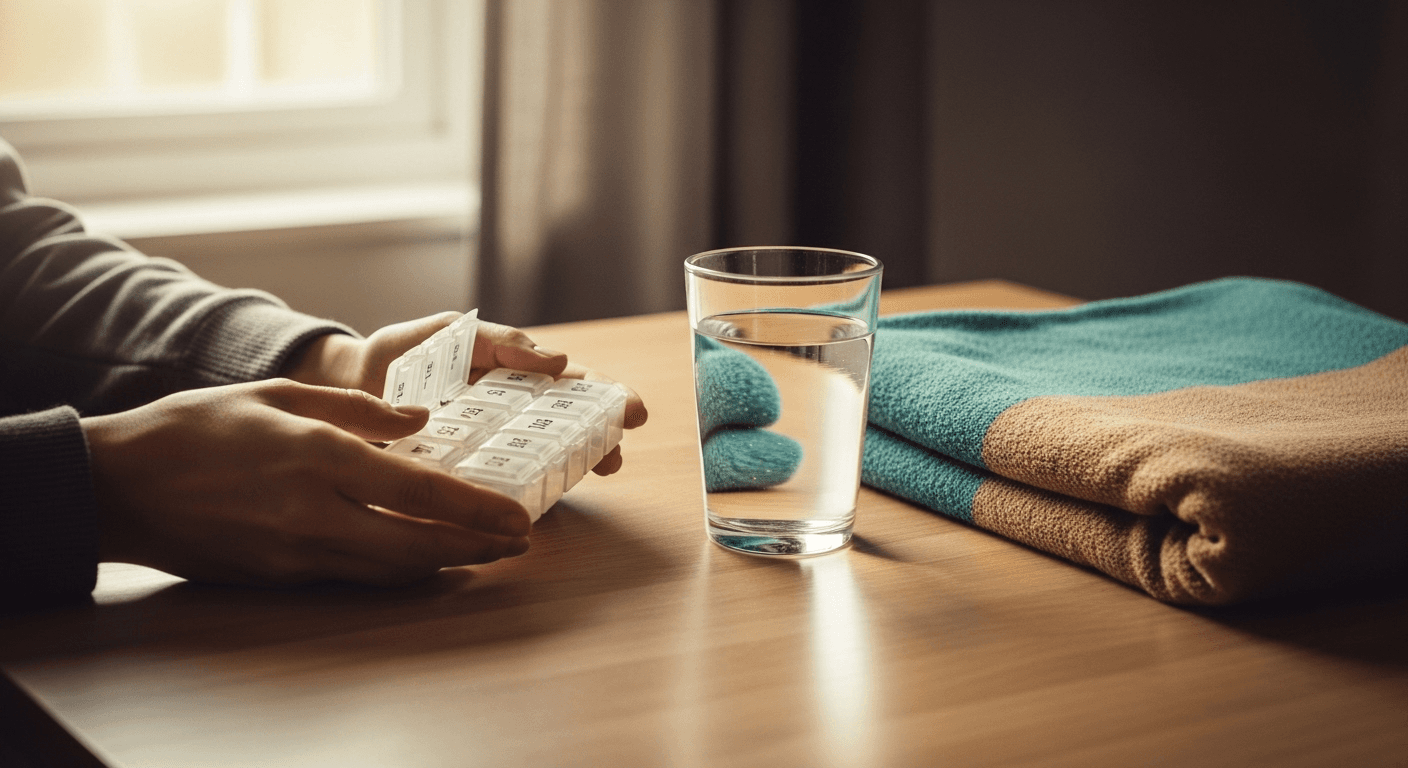 Hands holding a weekly pill organizer at a sunlit kitchen table, beside a glass of water and a folded blanket